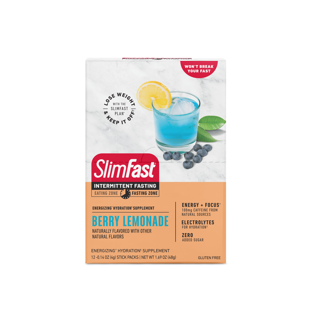 SlimFast Intermittent Fasting Hydration Stick Pack- front box Berry Lemonade
