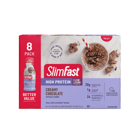 Image showing the packaging for a 8-pack of SlimFast High Protein Shakes in Cremay Chocolate flavor