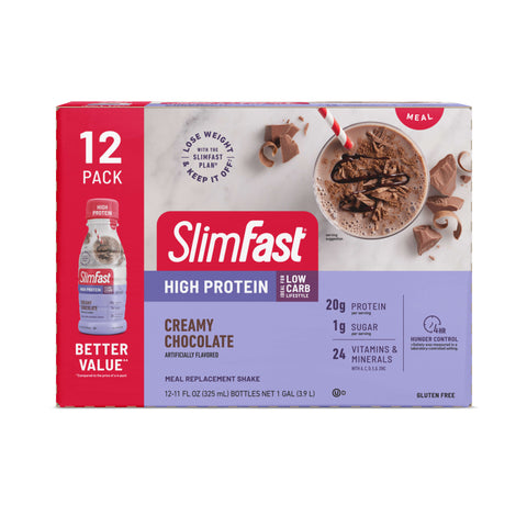 Image showing the packaging for a 12-pack of SlimFast High Protein Shakes in Cremay Chocolate flavor