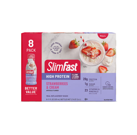 Image showing the packaging for a 8-pack of SlimFast High Protein Shakes in Strawberries and Cream flavor