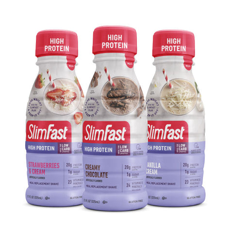 Slimfast High Protein Shakes available in Strawberries & Cream, Creamy Chocolate and Vanilla Cream flavors