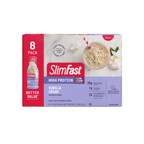 Image showing the packaging for a 8-pack of SlimFast High Protein Shakes in Vanilla Cream flavor