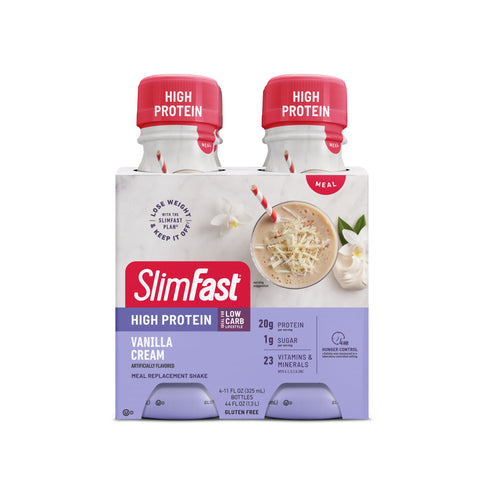 Image showing the packaging for a 4-pack of SlimFast High Protein Shakes in Vanilla Cream flavor