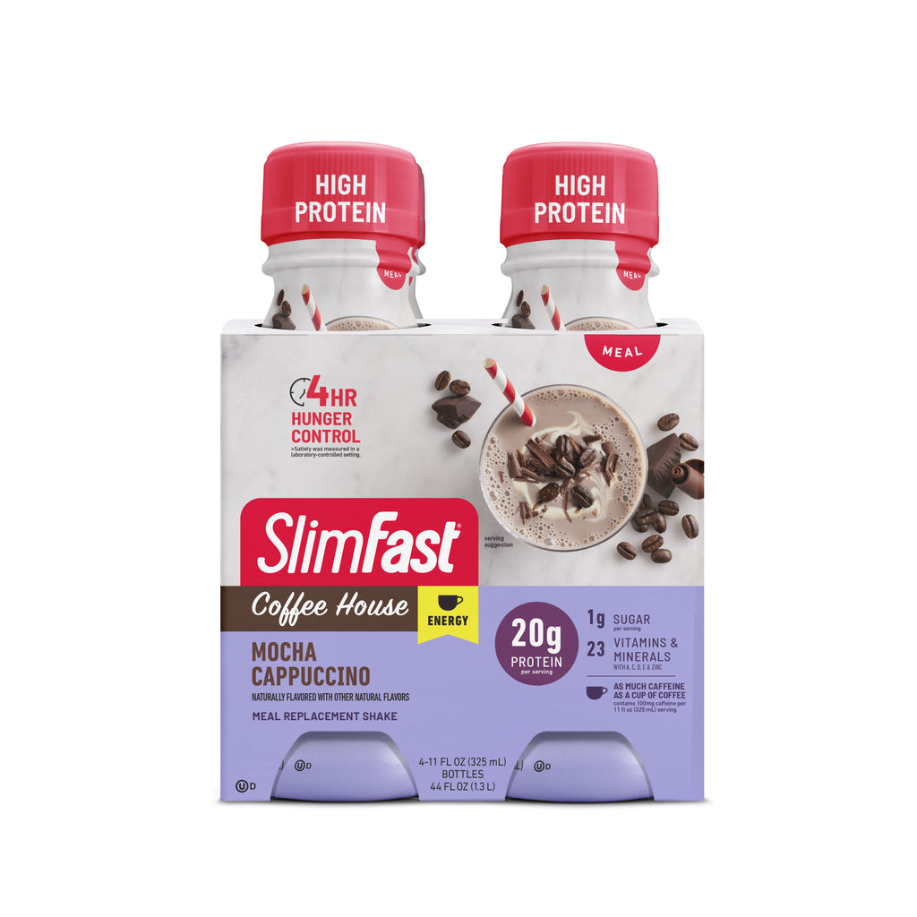 Image showing the packaging for a 4-pack of SlimFast Coffeehouse Shakes in Mocha Cappuccino flavor