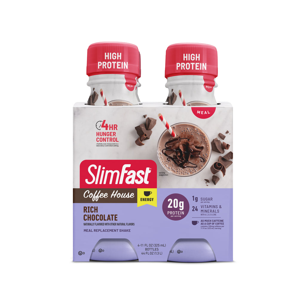 Image showing the packaging for a 4-pack of SlimFast Coffeehouse Shakes in Rich Chocolate flavor