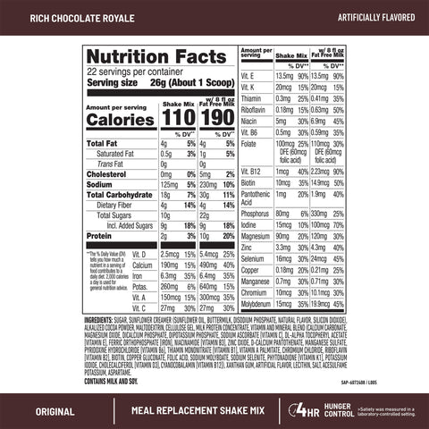 SlimFast Original Shake Mix Rich Chocolate Royale Nutritional Facts Panel
