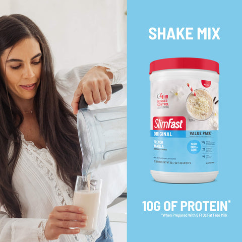 SlimFast Original Shake Mix in French Vanilla flavor, Shake Mix; 10G of protein when prepared with 8fl oz fat free milk