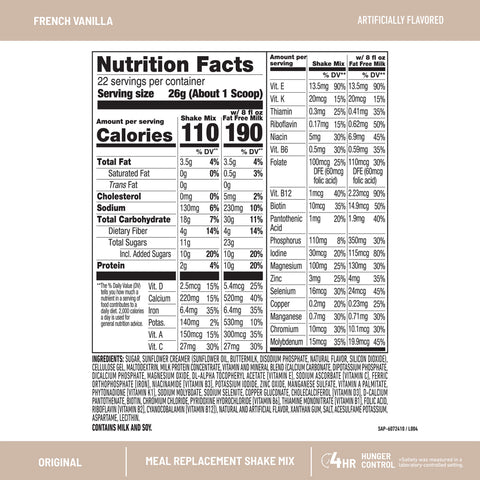 SlimFast Original Shake Mix in French Vanilla flavor,  Nutitional Facts Panel