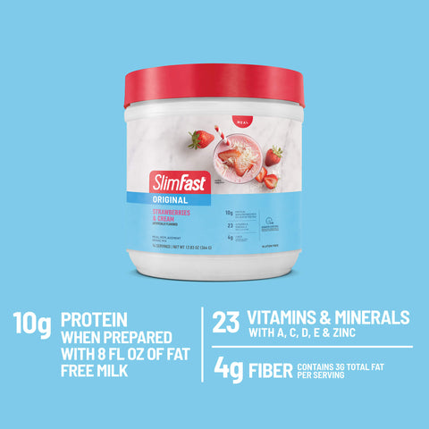 SlimFast Original Shake Mix in Strawberries and Cream flavor; -10g protein when prepared with 8 fl oz of fat free milk, 23 vitamins & minerals with A,C,D,E & zinc, 4g fiber contains 4G total fat per serving