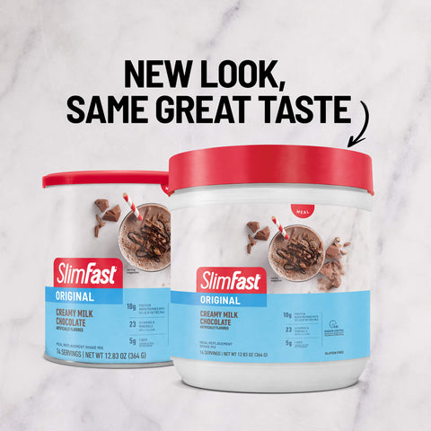 SlimFast Original Shake Mix in Creamy Milk Chocolate flavor; New look, same great taste