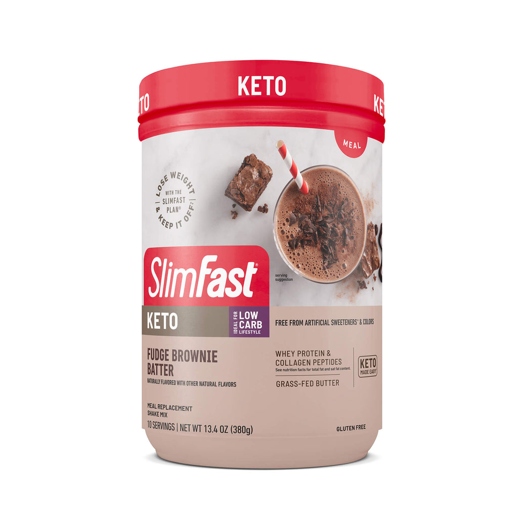 SlimFast Keto Fudge Brownie Batter protein powder container on a white background