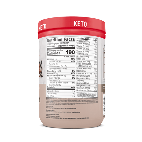 Keto supplement container with nutrition facts label on a white background