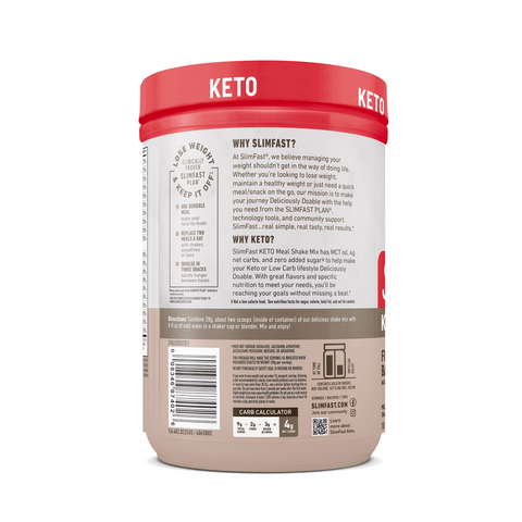 Keto supplement container with red lid and white label on a white background