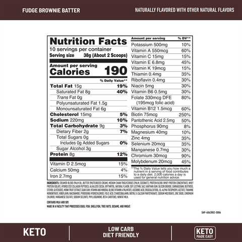 Nutrition facts label for fudge brownie batter with a dark brown border.
