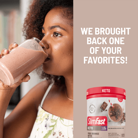 Woman drinking a chocolate shake with SlimFast Keto container on a beige background