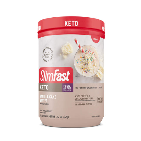 SlimFast Keto Vanilla Cake Batter protein powder container on a white background