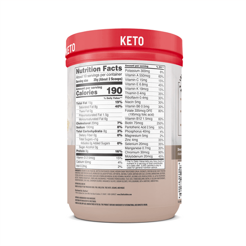 Keto supplement container with nutrition facts label on a white background