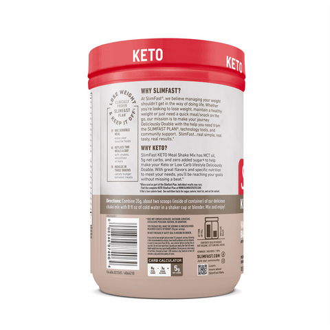 SlimFast Keto meal shake mix container with red lid and white label on a white background