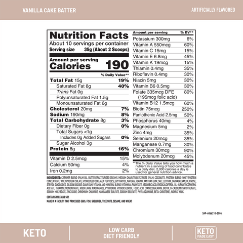 Nutrition facts label for vanilla cake batter with serving size, calories, and nutritional content.