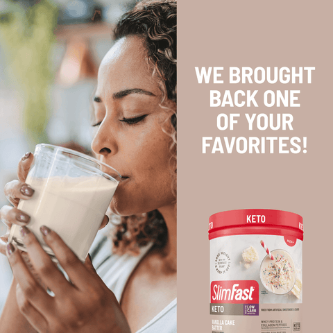 Woman drinking a shake next to a SlimFast Keto container with promotional text.