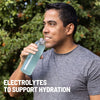 Man drinking from a bottle with text 'Electrolytes to Support Hydration' against a green foliage background
