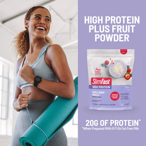 High protein plus fruit powder. 20g of protein* *when prepared with 8fl oz fat free milk