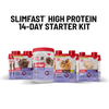 SlimFast High Protein 14-Day Starter Kit with various flavors on a white background