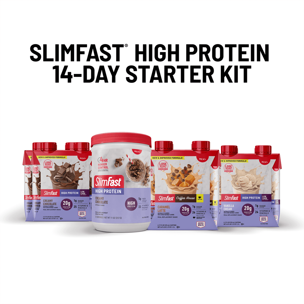 SlimFast High Protein 14-Day Starter Kit with various flavors on a white background