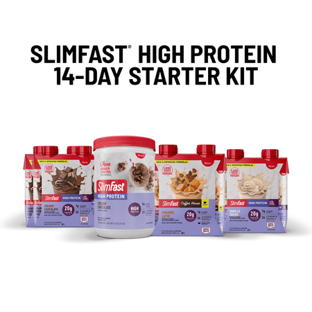 SlimFast High Protein 14-Day Starter Kit with various flavors on a white background