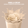 Vanilla ice cream in a cup with a splash of vanilla cream on a beige background