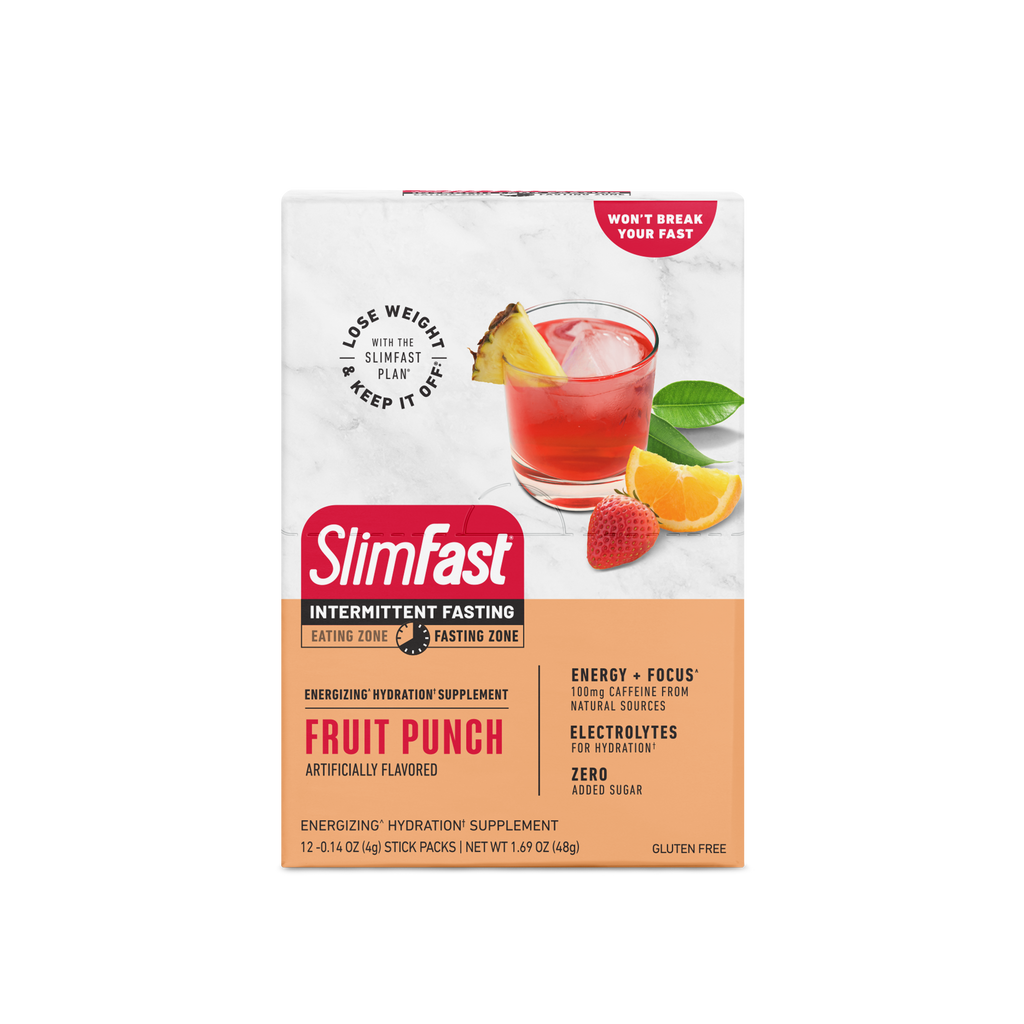 SlimFast Intermittent Fasting Hydration Stick Pack- front box fruit punch