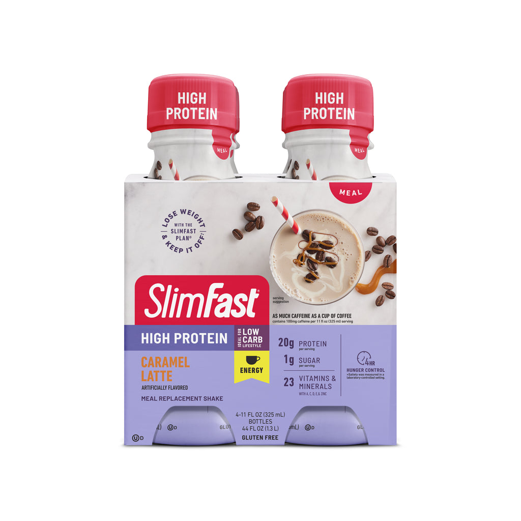 Image showing the packaging for a 4-pack of SlimFast High Protein Energy Shakes in Caramel Latte flavor