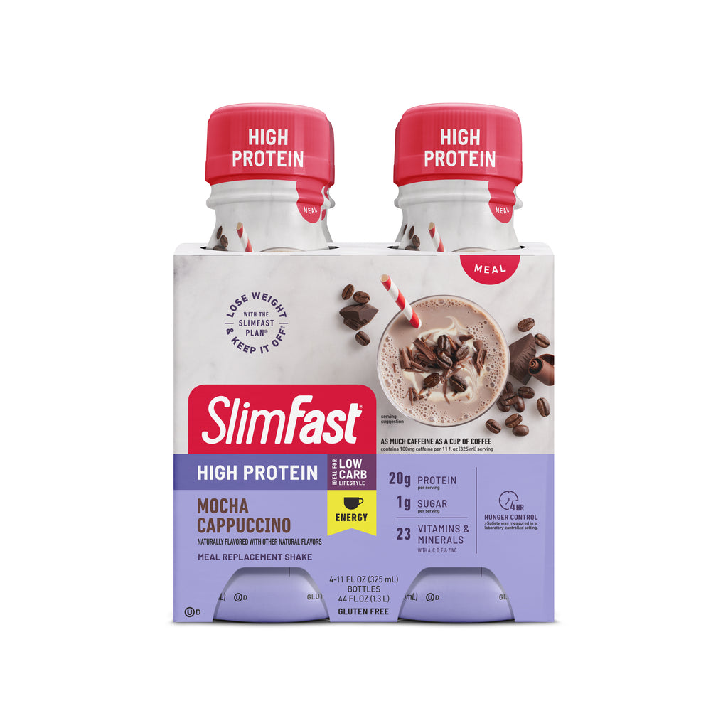 Image showing the packaging for a 4-pack of SlimFast High Protein Energy Shakes in Mocha Cappuccino flavor