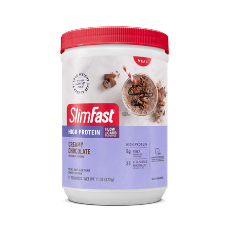 Image showing a canister of SlimFast High Protein Smoothie Mix in Creamy Chocolate flavor