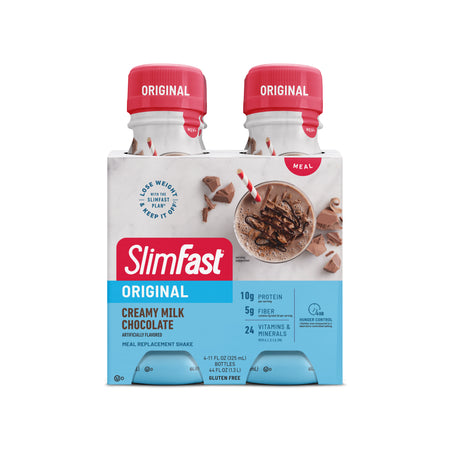Image showing the packaging for a 4-pack of SlimFast Original Shakes in Creamy Milk Chocolate flavor